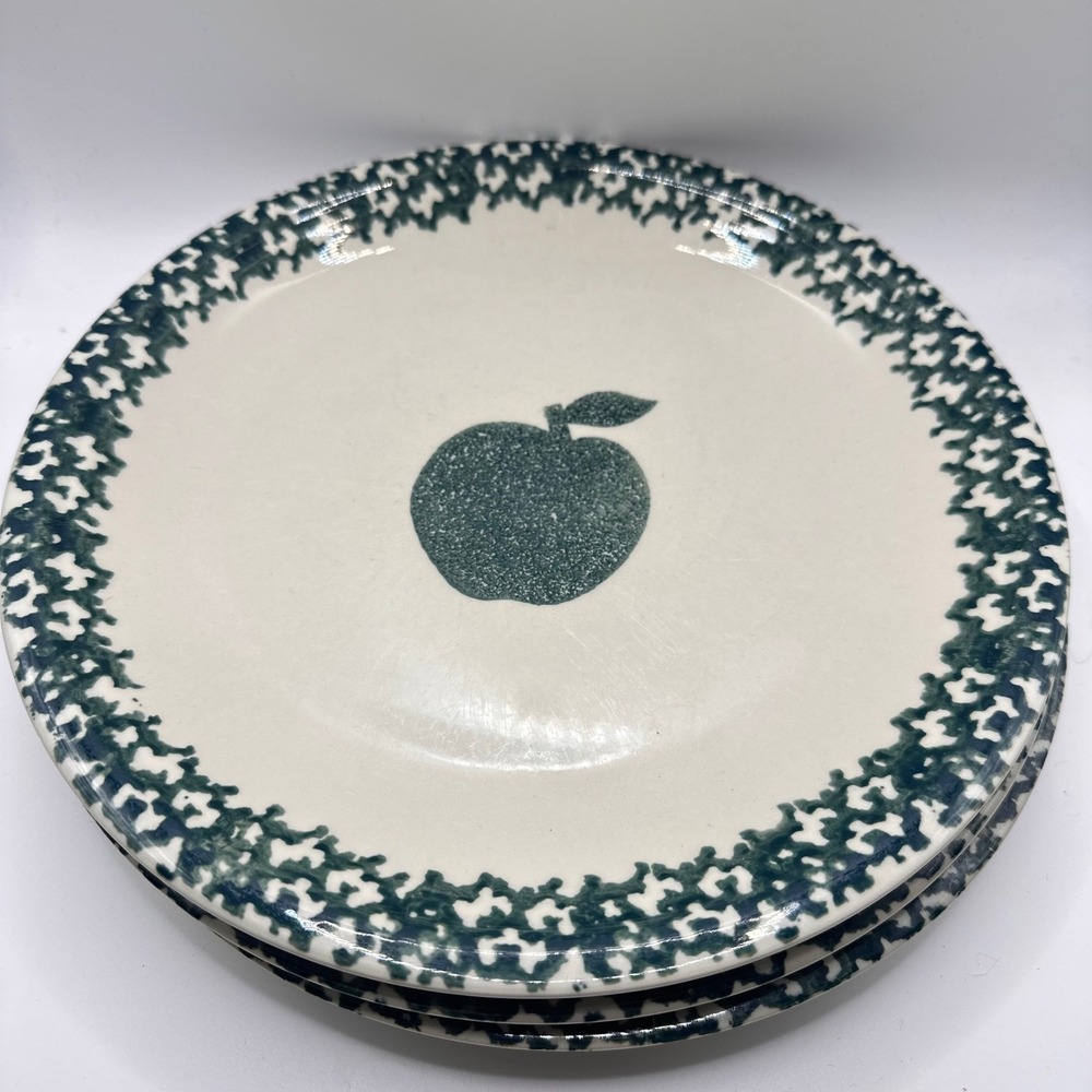 Tienshan Folk Craft Sponge Apple Dinner Plates Set of 3 Stoneware Green Cream
